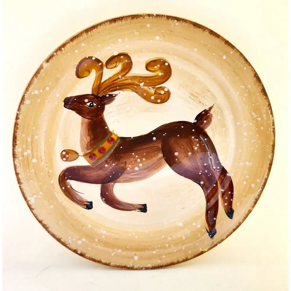 Tabletops Gallery Winter Wonderland Reindeer Plate Hand Painted Christmas 8.5